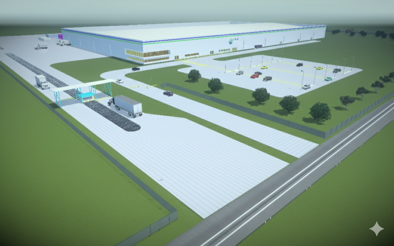 Aerial rendering of a large industrial processing facility with truck access roads, parking areas, and surrounding green space.